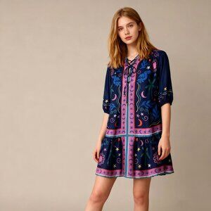 $398 NWOT Johnny Was Silk Blend Floral Mini Dress Size XS Lace-up Stars Moon